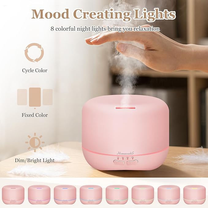 Aromatherapy Essential Oil Diffuser for Room: 500ml Colorful Aroma Air Humidifier with Adjustable Cool Mist Mode, Auto Off Ultrasonic Diffusers for Large Room Home Office(Pink)