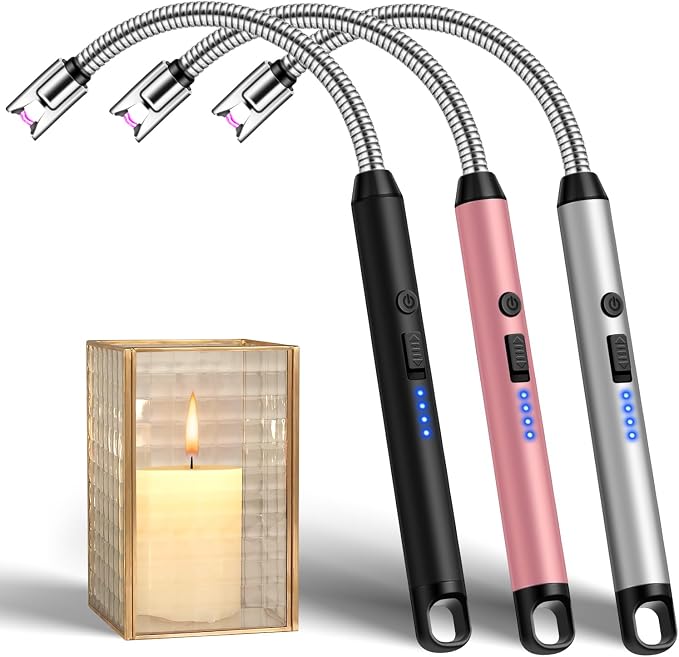 LcFun 3 Pack Candle Lighter USB C Rechargeable Electric Lighters with 360° Flexible Neck & Safety Lock, Windproof Arc Lighters Long Stem Matches for Candle, Grill, BBQ, Gas Stoves (Black,Silver,Pink)
