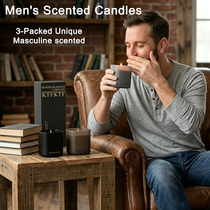 Men's Scented Candle Gift Set - 3 Pack Natural Soy Candles for Men,Teakwood, Sandalwood & Vanilla - Masculine Aromatherapy Gifts for Husband, Boyfriend, Dad & Father's Day