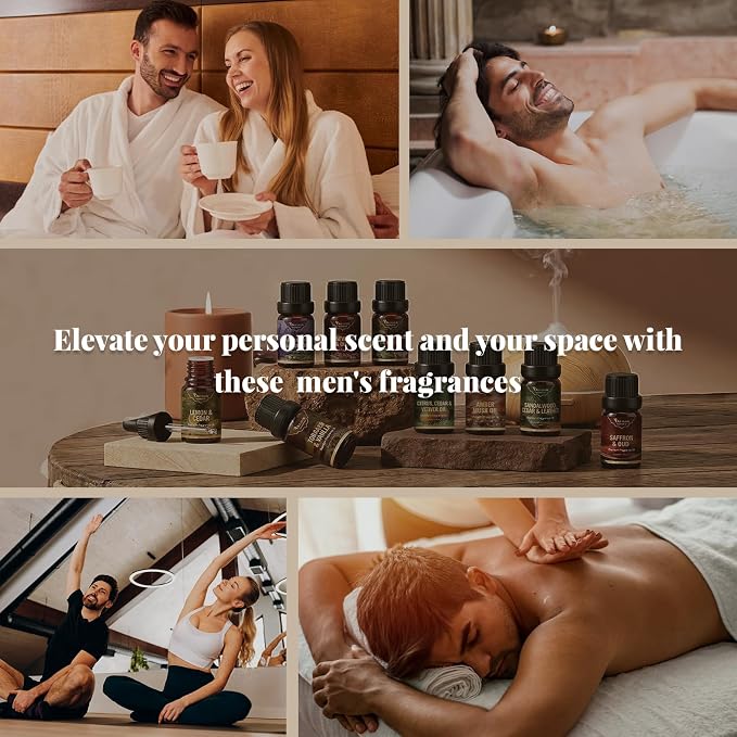 Men Essential Oils Set, Gift for Father, Masculine Fragrance Oils Blends for Diffuser, Candle & Soap Making, Car Diffuser Scents, Sandalwood Cedar&Leather, Tobacco&Vanilla More 10x5ml