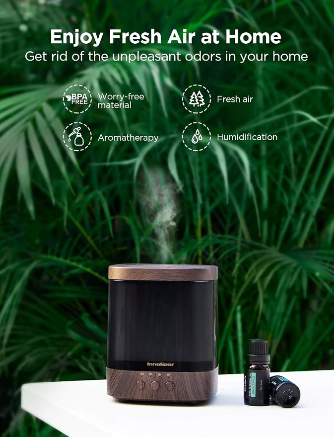 InnoGear Diffusers for Essential Oils, 300ml Oil Diffuser Aromatherapy Diffusers Aroma Ultrasonic Cool Mist Humidifier 4 Timers Color Changing Lights Auto-Off, Brown