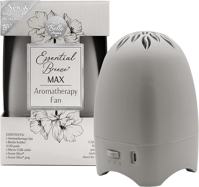 Belle Aroma Essential Breeze Max Aromatherapy Fan – Upgraded Dry Diffuser for Essential Oils or EVA Inserts – Battery or USB Powered – 30-Day Scent – No Water – for Desk, Travel, or Car - Linen