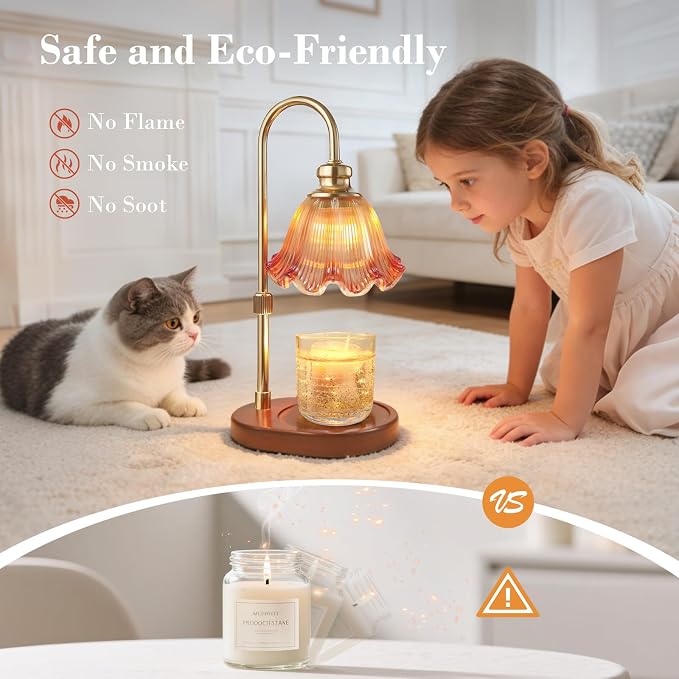 Banbanda Candle Warmer Lamp with Timer Dimmable: Birthday Gifts for Women, Safe Flameless Scent Lamp – Height Adjustable Candle Lamp, Walnut Solid Wood Base, with 2 Bulbs