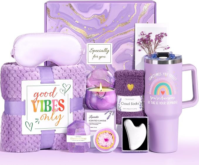Suhctuptx Birthday Gifts for Women, Unique Self Care Gifts Get Well Soon Basket, Christmas Relaxing Spa Gift Care Package w/Flannel Blanket 40 oz Tumbler, for Mom Her Sister Friend