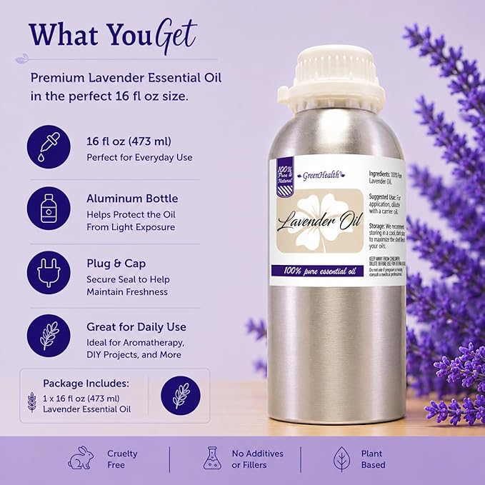 GreenHealth Lavender Essential Oil – 16 fl oz (473 ml) – 100% Pure & Uncut – Aluminum Bottle – Bulk Lavender Oil for Diffuser, Aromatherapy, Candles, Soap & DIY