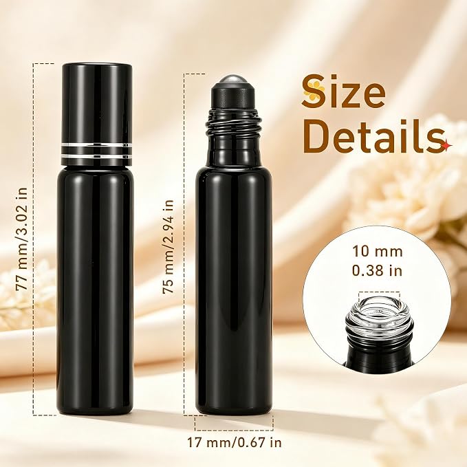Kesell 10ml Black Glass Roller Bottles 6Pack, Essential Oil Roller Bottles with Funnel & Stainless Steel Roller Ball Applicator, Small Glass Vials for Perfume, Massage Oil, Refillable Travel Container