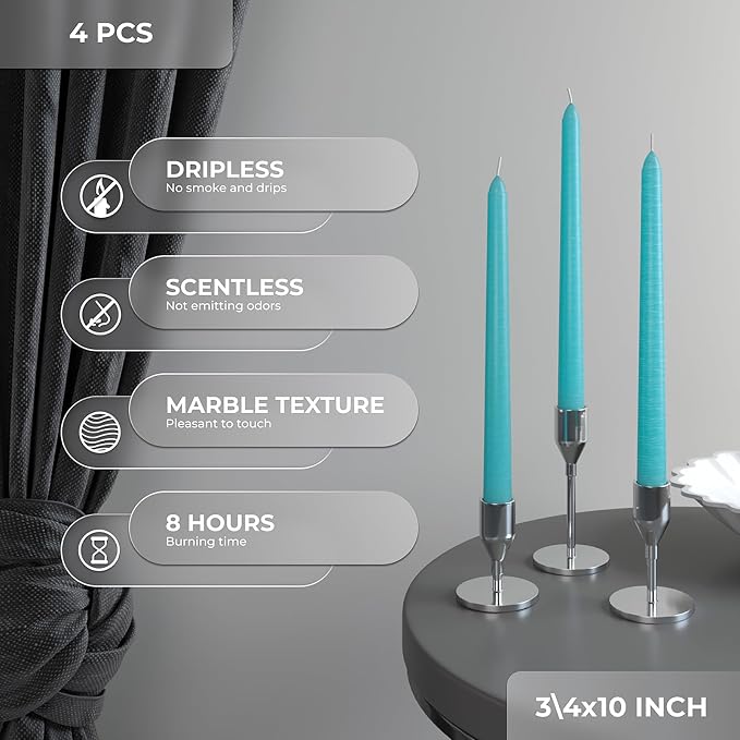 CANDWAX 10 inch Turquoise Taper Candles Pack of 4 - Unscented Smokeless Dripless Tall Candle Sticks - Perfect for Holidays, Ordinary Dinners and Special Occasions - Teal Candlesticks