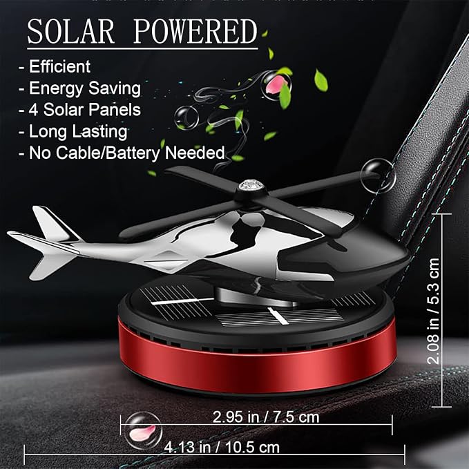 Helicopter Solar Rotating Air Freshener, Al Alloy Car & Home Décor|Red | Helicopter Spins in Sunlight. No Battery or Cable Needed. Freshens Car & Home Naturally. 5ml Essential Oil Included