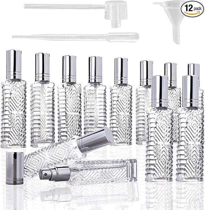 YU FENG 12pcs Perfume Bottles Empty Clear Glass Atomizer Spray Bottles Empty Refillable for Perfume Essential Oil,Packed with Funnels Pipettes Dispensers Engraved Taj Mahal Style（13ml）