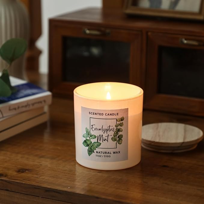 Eucalyptus & Mint Scented Candle,White Candles for Home Scented,Aromatherapy Candle,Stress Relief Candle,Christmas Gift for Women Men,Natural Soy Wax Candle,11oz