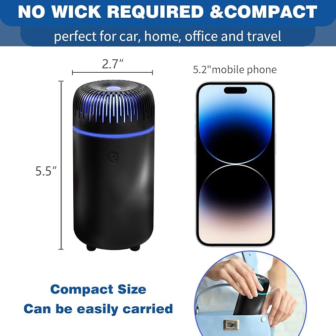 Car Humidifier Aromatherapy Essential Oil Diffuser USB Mist Mini Portable for Home Office Bedroom, 100ML, Black