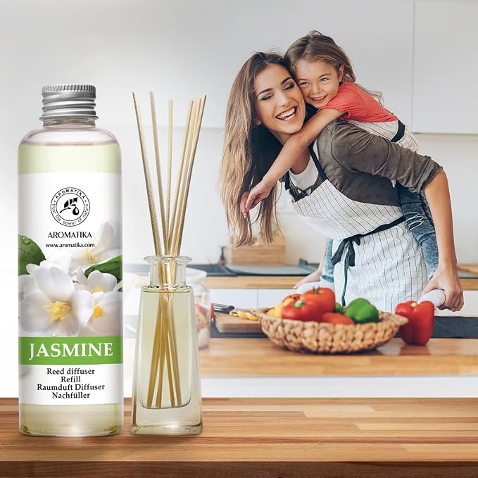 AROMATIKA Jasmine Essential Oil 200ml - Natural Reed Diffuser Refill for Long-Lasting Fragrance - Jasminum Officinale Oil - Air Freshener for Home, Office, Spa, Salon, Restaurant, Cafe, Bar