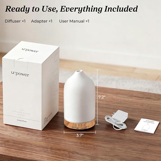 URPOWER 180ML Ceramic Essential Oil Diffuser, Ultrasonic Aromatherapy Diffuser with 7-Color Lights, Auto Shut-Off, Quiet Oil Diffuser for Bedroom, Home Office