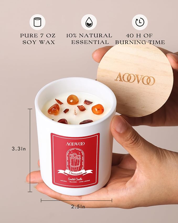 AOOVOO Cinnamon Scented Candles for Women - Aromatherapy Candle with Crystals Inside, 7oz Soy Candles for Home Scented, Mothers Day Birthday Gifts Candle for Women Mom