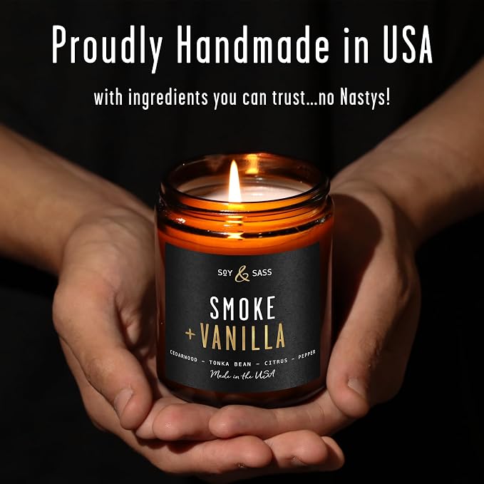 Smoke and Vanilla Candle I Scented Black Candles for Men or Women - Fire Wood, Vanilla & Smoke Soy Wax Mens Candle - Infused w/Essential Oils | Long-Lasting 50Hr Burn, 9oz I Non Toxic I Made in USA