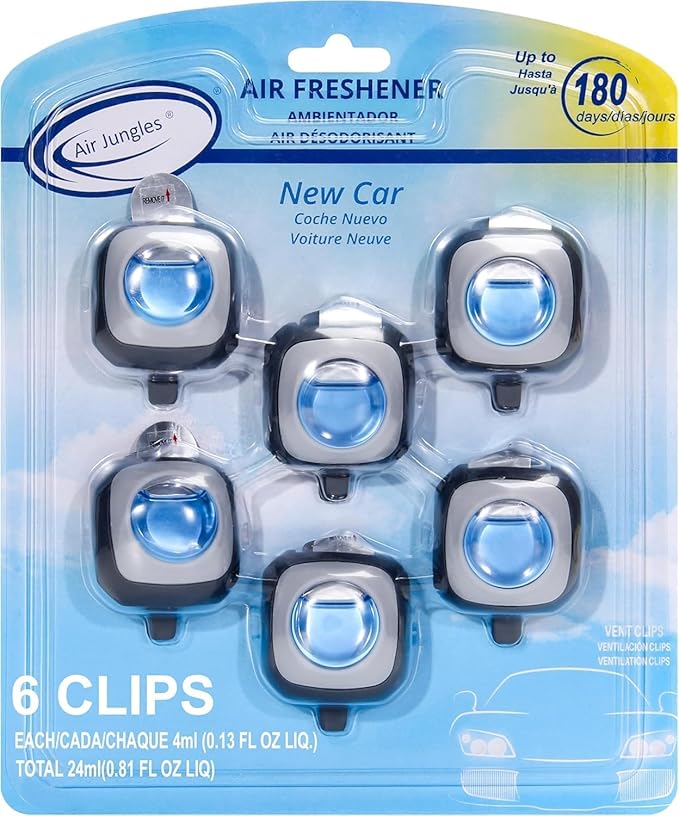 Air Jungles New Car Scent Car Air Freshener Vent Clip, 6 Count Long Lasting Up to 180 days, Natural Essential Oil Car Fragrance Accessories for Women and Men, Odor Eliminator -4ml Each