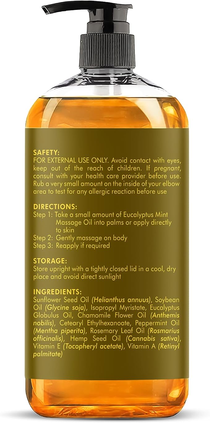 MAJESTIC PURE Eucalyptus Mint Massage Oil for Massage Therapy - Refreshing, and Relaxing - Natural Oils with Eucalyptus Essential Oil - for All Skin Types - Men and Women Massage Lotion- 8 fl oz