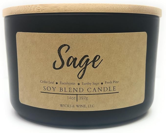 Wicks & Wine Soy Blend 3-Wick Cotton CORE Candle 14oz (Sage)