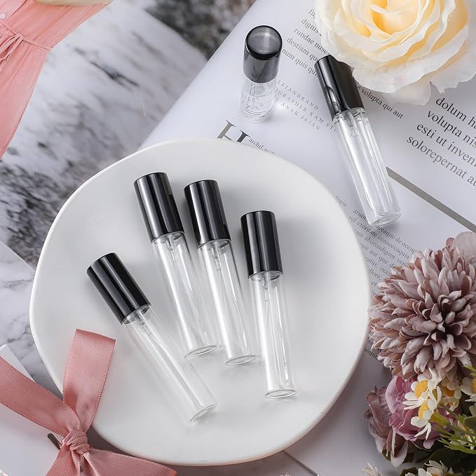 Yinder 25 Pcs 10 ml Glass Refillable Perfume Bottles Bulk Travel Empty Perfume Atomizer Sprayers Portable Spray Bottles Mini Sample Fragrance Containers, Black