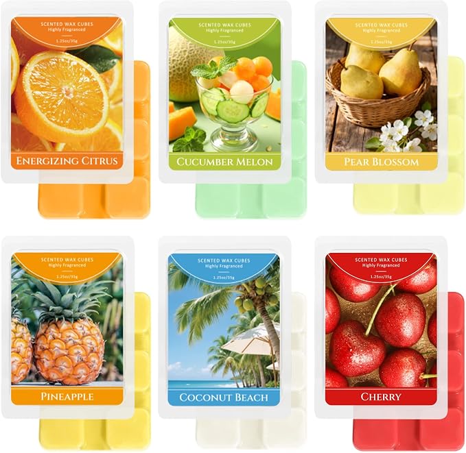 SCENTORINI Wax Melts, Scented Wax Cubes for Wax Warmers, Summer Scent Wax Melts, Coconut Beach, Pear Blossom, Cherry, Cucumber Melon, Pineapple, Energizing Citrus, 6 Pack