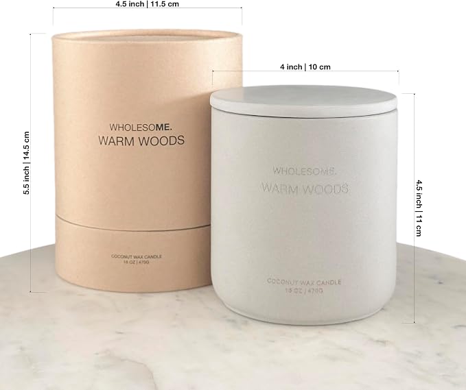 WHOLESOME. Warm Woods Scented Non-Toxic Candles for Home, 2 Wicks Natural Coconut Wax Candle Eco-Friendly, Luxury Aromatherapy Candles Stress Relief, 16 oz Large Concrete Jar, 90 Hours Burn