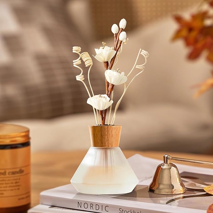Reed Diffuser Sticks,Reed Diffuser Sticks Flowers,Reed Diffusers for Home,Bathroom Diffuser,Diffuser Set with Sticks,Natural Flower,White/Brown