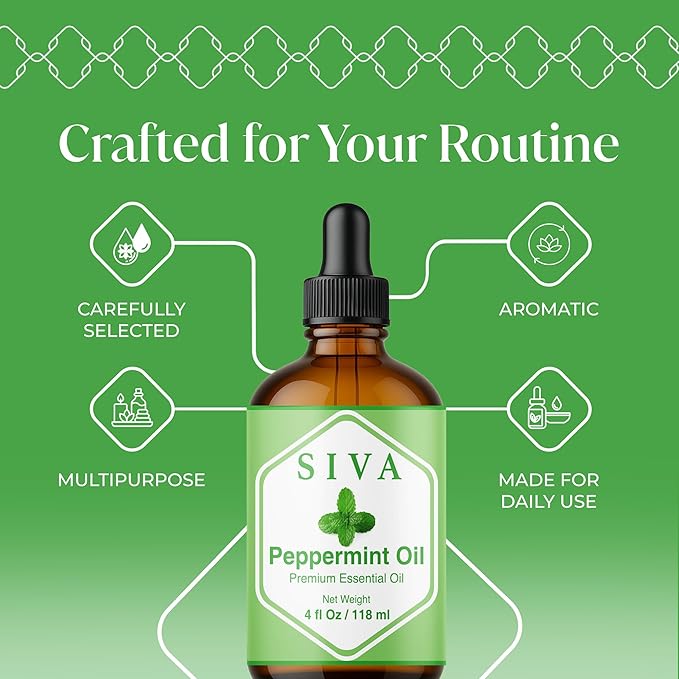 Siva Peppermint Essential Oil 4 Fl Oz – for Diffuser, Skin & Hair Care – Ideal for Aroma, Massage & DIY Blends- with Dropper