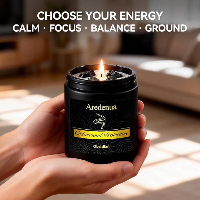 Scented Candle with Crystal for Emotional Protection and Grounding - Cedarwood Aromatherapy Candle with Obsidian Healing Crystals, Natural Soy Wax 7oz, Strength Gift for Women Men