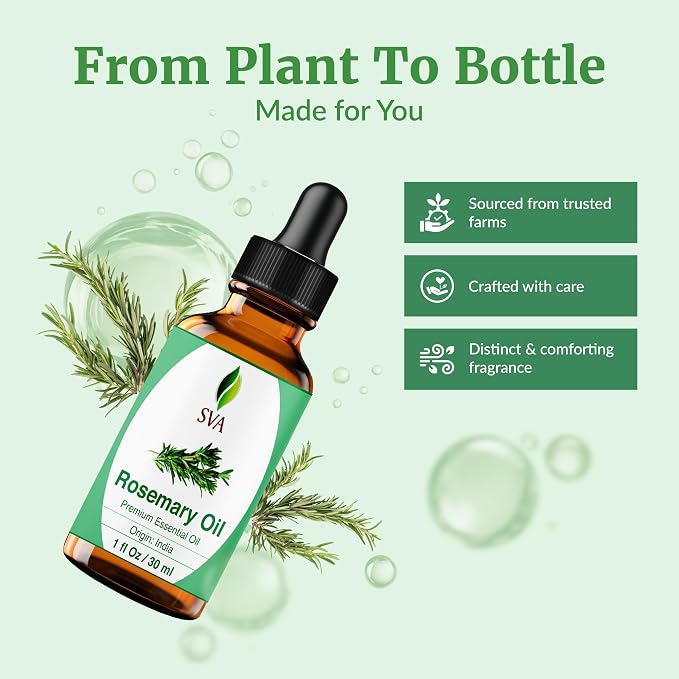 SVA Rosemary Essential Oil – 1 Fl Oz – 100% Natural Rosemary Oil for Hair, Face, Skin Care, Diffuser, Aromatherapy, Scalp, Body Massage, Soap and Candle Making – with Dropper