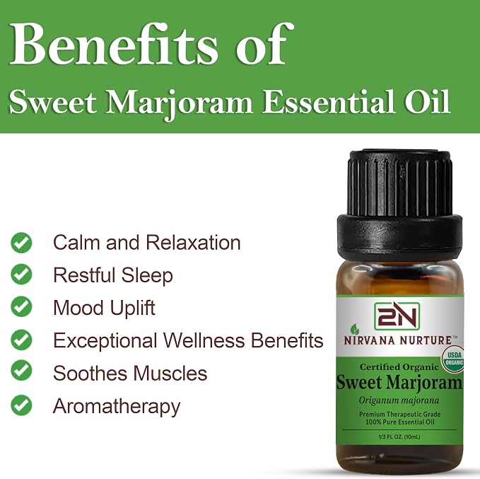 Sweet Marjoram Essential Oil, USDA Certified Organic, 100% Pure Undiluted, Aromatherapy Oil for Diffuser, Hair & Skin Care