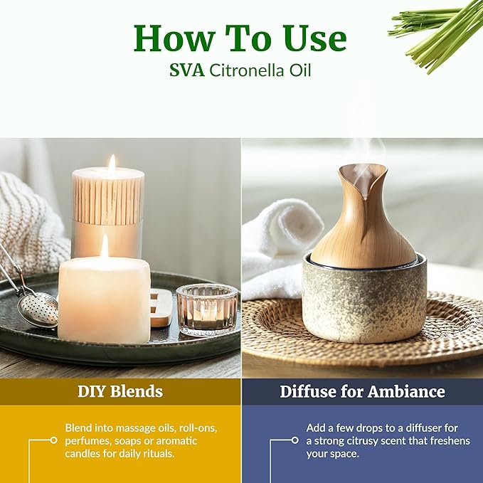 SVA Citronella Essential Oil 4 Fl Oz – for Aromatherapy, Diffuser, Skin & Hair Care – Ideal for Massage & DIY Blends - with Dropper