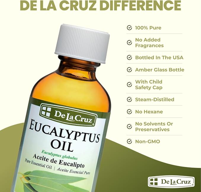 De La Cruz Eucalyptus Essential Oil Aromatherapy for Diffuser or Humidifier, 100% Pure Steam Distilled Eucalyptus Globulus 2 FL OZ (5 Bottles)