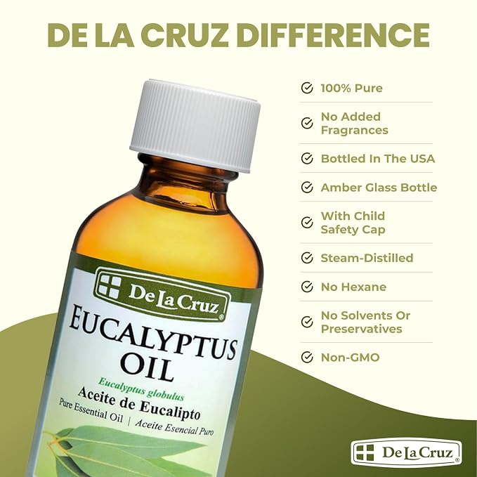 De La Cruz Eucalyptus Essential Oil Aromatherapy for Diffuser or Humidifier 100% Pure Steam Distilled Eucalyptus Globulus - 2 Fl Oz (Pack of 6)