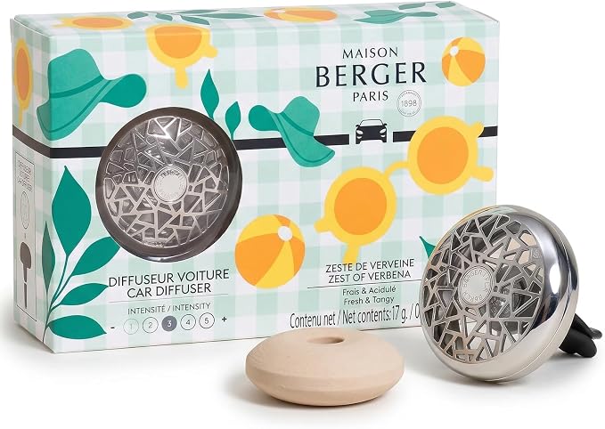MAISON BERGER Car Diffuser Set, Zest of Verbena | Lime Verbena Mint Notes, Refillable Vent Clip with Ceramic Refill, Passive 4-Week Diffusion, Made in France