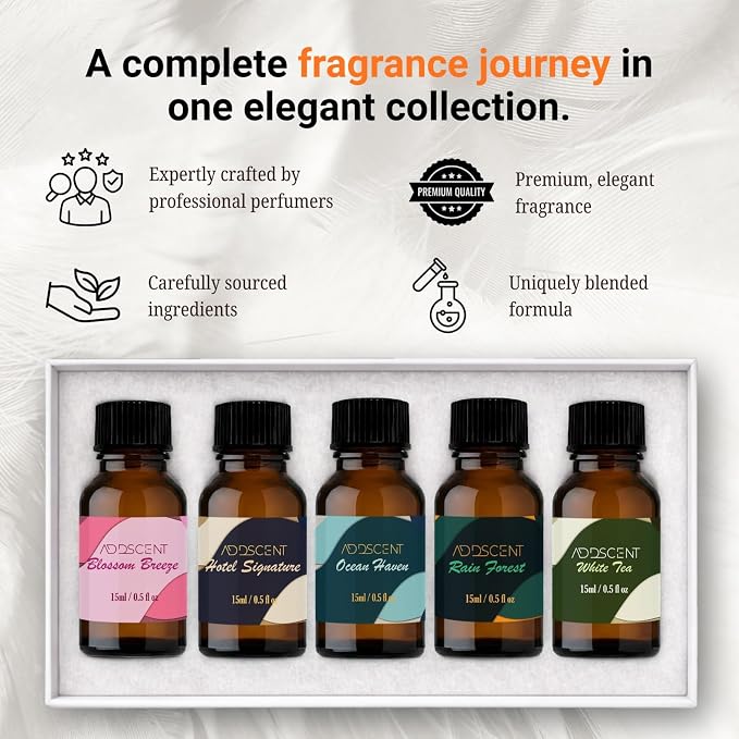 Luxury Aroma Oil for Diffusers – White Tea, Rain Forest, Hotel Signature, Ocean Haven, Harmony, Citrus Delight, Blossom Breeze – Home & Spa Fragrance Oils (Pack of 5)