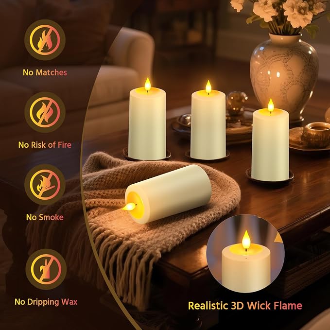 PChero Rechargeable Blow Out Candles with Remote and Timer, LED Flickering Flameless Candles, Battery Operated Pillar Candles for Christmas Halloween Table Wedding Home Decor, Long Lasting, Set of 4