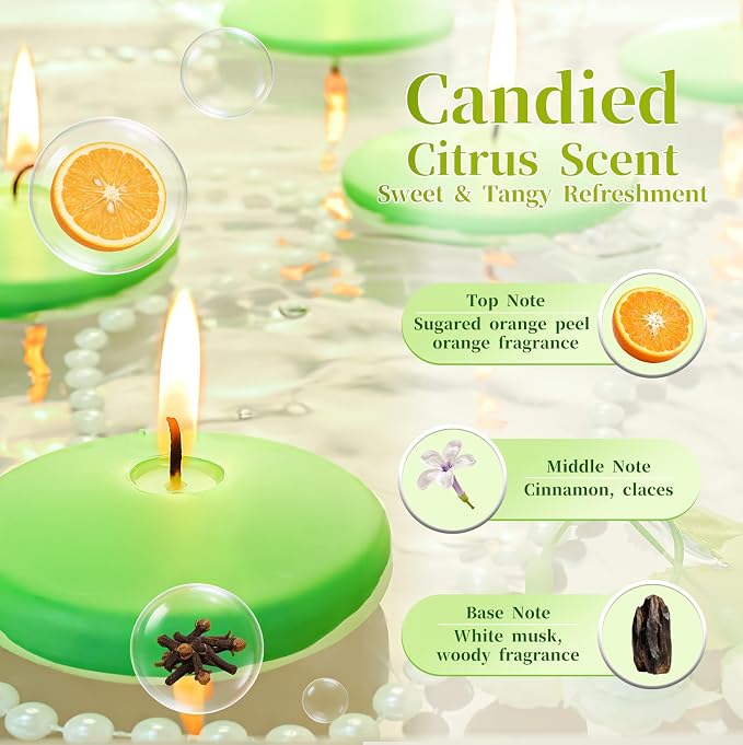 Premium Floating Candles 3 Inch,36 Pack Scented Floating Candles with Candied Citrus Fragrance, 8 Hours Long Burning Green Wax Candles for Pool Parties, Outdoor Dinners, Wedding Decor, Holiday Events