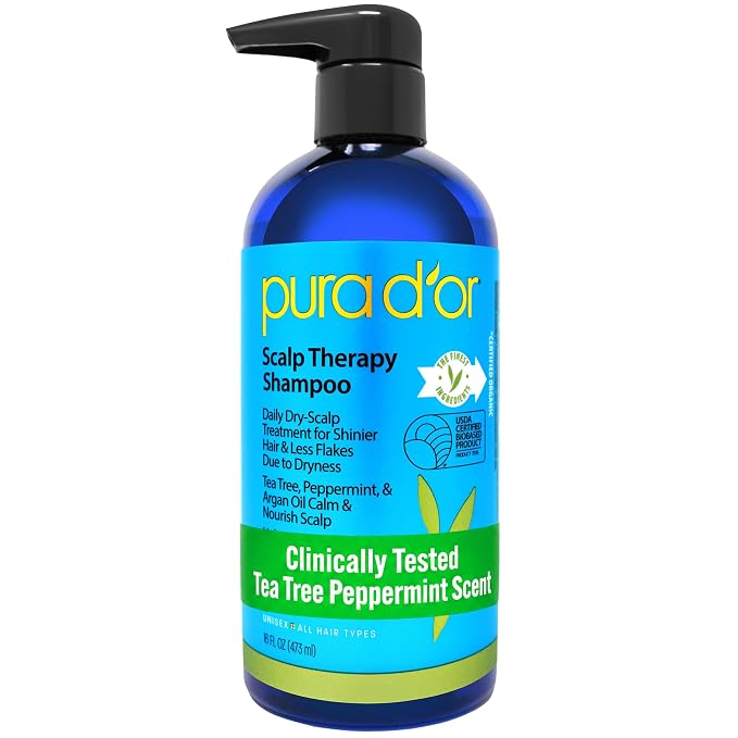 PURA D'OR Scalp Therapy Shampoo Hydrates & Nourishes Scalp - Scalp Shampoo For Itchy Flaky Scalp w/Tea Tree, Peppermint, Patchouli, Cedarwood, Clary Sage, Argan Oil, Tea Tree Peppermint Scent 16 Oz