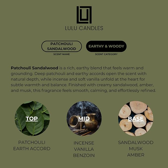 Lulu Candles | Patchouli Sandalwood | Smells Like Wood & Musk | Luxury Scented Soy Jar Candle | Hand Poured in The USA | Highly Scented Long Lasting (9 Oz.)
