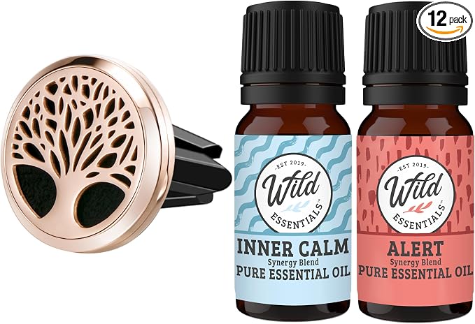 Wild Essentials Rose Gold Tree of Life Essential Oil Car Vent Diffuser Kit – 316L Stainless Steel Locket, Rubber-Coated 4-Way Clip, 8 Color Pads (22mm), 25mm – Includes Alert & Inner Calm (2 x 10ml)