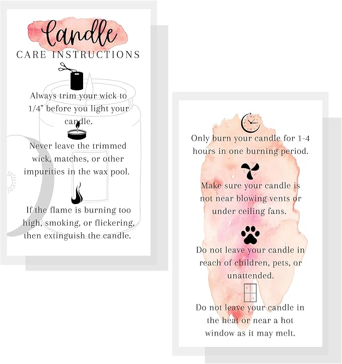 Handmade Candle Care Instruction Card | 50 Pack | for Handmade Candle Makers Soy Bees Wax Coconut Essential Oils | White and Watercolor Card