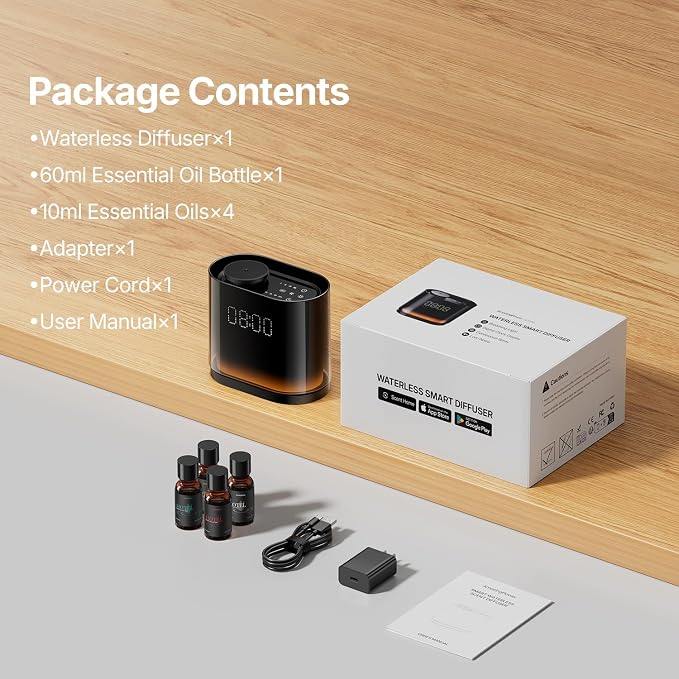 Smart Waterless Essential Oil Diffuser with 4 Hotel‑Inspired Oils | Touch & App Control, Light, Clock & Schedule – Plug‑in Air Scent Diffuser Starter Kit for Home Office, Glossy Black