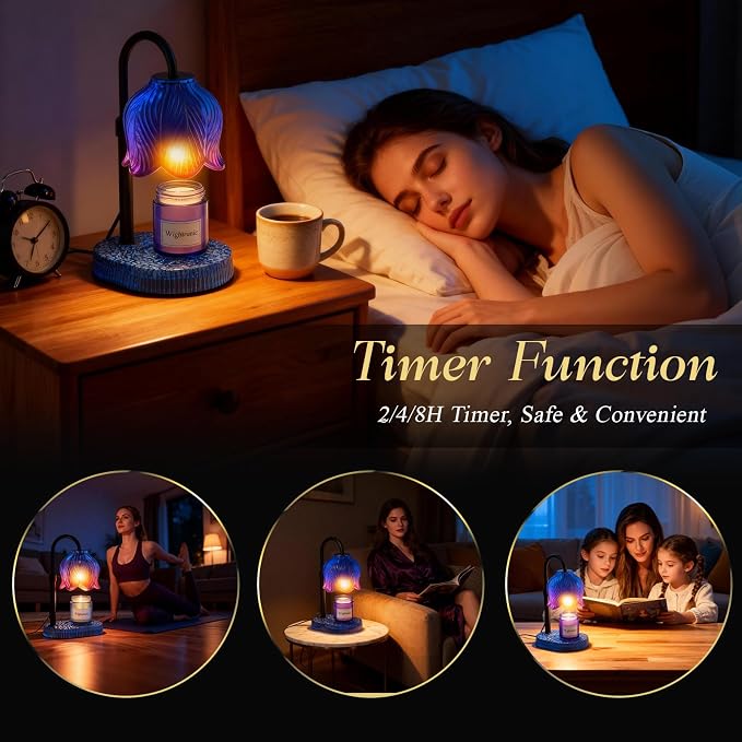 Candle Warmer Lamp with Adjustable Height - Flameless 4-Level Dimmable Wax Warmer, Timer Function & Stylish Design in Multiple Colors (Blue)