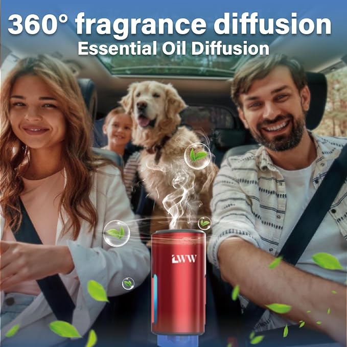 LWW Smart Car Air Freshener - 3 Levels Strength with Ventilation Clip, Rechargeable Car Fragrance Atomizer - with 8 10ml Bottles of Fragrance, Long Lasting Oil Diffuser (Red)
