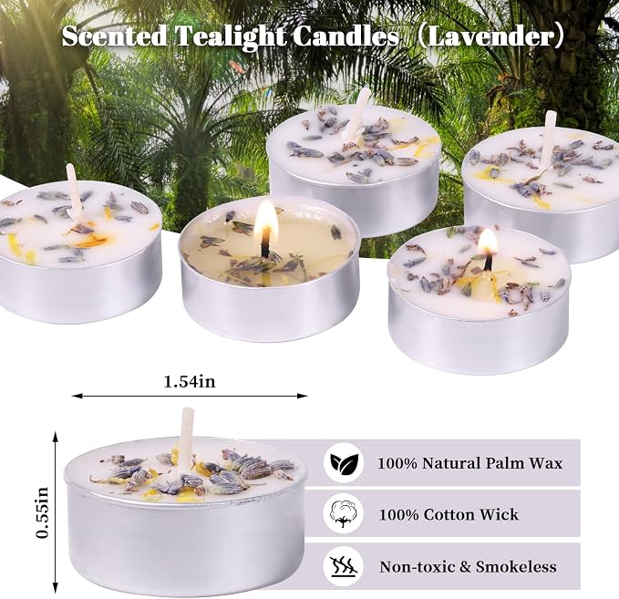 Lavender Scented Tealight Candles 16 Pack - 4-Hour Palm Wax White Tea Lights, Plant Dried Flower Scented Tea Candle (Paraffin-Free), Votive Candles for Home/Yoga/Bath/Meditation