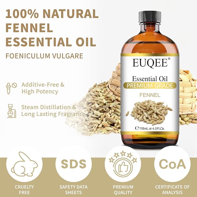 EUQEE Fennel Essential Oil 4Fl.Oz Pure Fennel Oil with Glass Dropper for Skin, Aromatherapy, Diffuser, Soap Making, Candle Making - 118ml