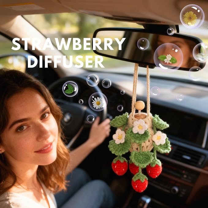 ROFIGL Handmade Crochet Hanging Car Air Freshener - Cute Strawberry Plant Design, 12ml Refillable Thick Glass Bottle, Car Diffuser for Rearview Mirror, Home & Office Decor