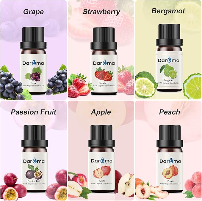 Exquisite Fruit Essential Oil Set - 100% Pure and Natural Aromatherapy Oils - 6-Pack Gift Set with Apple, Grape, Passion Fruit, Bergamot, Strawberry, and Peach - 10ml Bottles