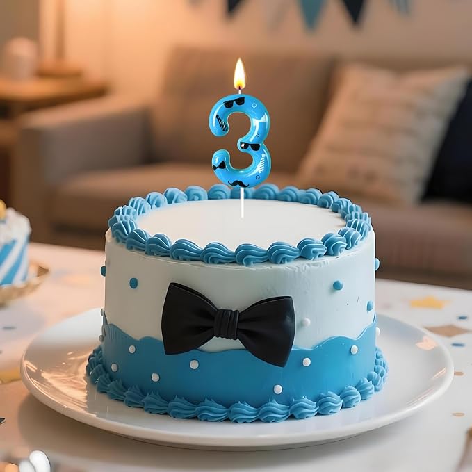 Number 3 Birthday Candle for Cake – Blue Gentleman Style with Sunglasses, Bow Tie & Mustache Design – Cool Cake Topper for Birthday Party Decoration