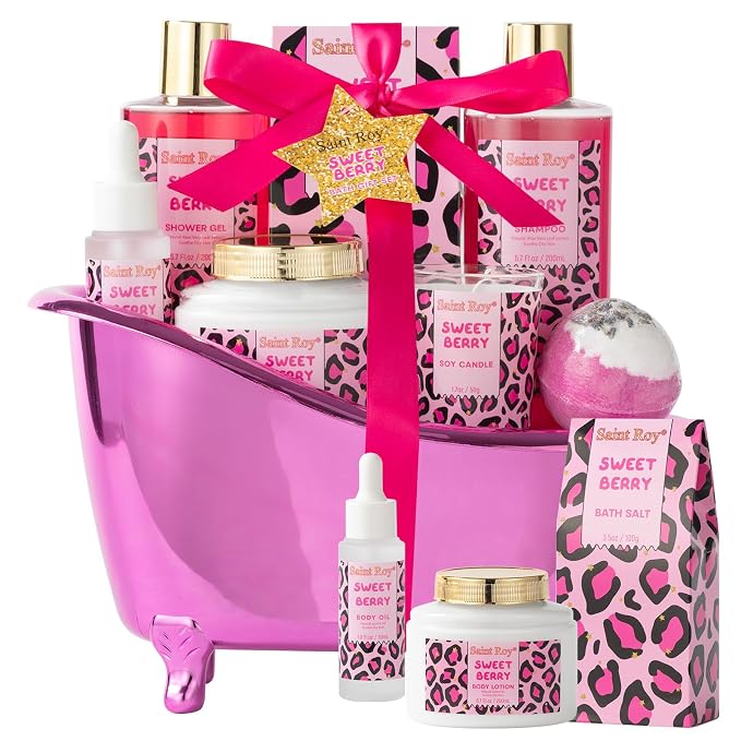 Home Spa Self Care, Bath and Body Spa Gift Basket for Women, Shower Bath Spa Sweet Berry Bath Sets for Teens Gift| Relaxing Care Kit Christmas Mothers Day Gifts for Mom Gift Baskets for Anniversary